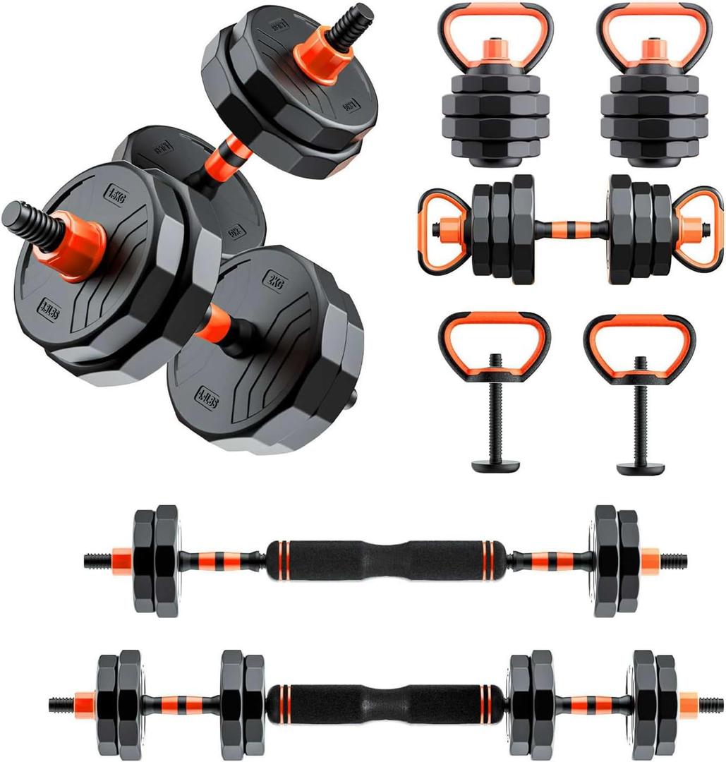 RUNWE Adjustable Dumbbell Barbell Set - 66 lb All-in-one Free Weight, 4 in1 Dumbbell, Kettlebell Pair, Barbell and Push up Bar [Upgraded Double-lock Nuts]