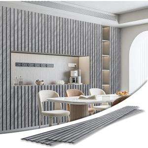 Art3d 4-Pack Glue-On Six-Grid Wainscoting Panel for Interior Wall Decor - 104 x 12 Inch Polystyrene Ultralight Slim Slat Wall Panels for Living Room Bedroom, Granite