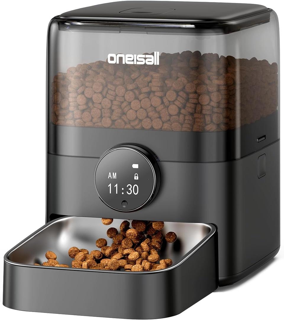 oneisall Automatic Cat Feeder for Large Kibble and Snacks, 12 Cups/3L Timed Pet Feeder for Cats Indoor, Programmable Dry Food Dispenser (Black)