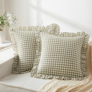 KKJIAF Ruffle Gingham Pillow Covers 20 x 20 Inches, Cotton Gingham Pillow Cases Set of 2, Linen Feel Ruffled Plaid Pillow Shams with Envelope Closure for Sofa Bed (Sage Green Plaid)