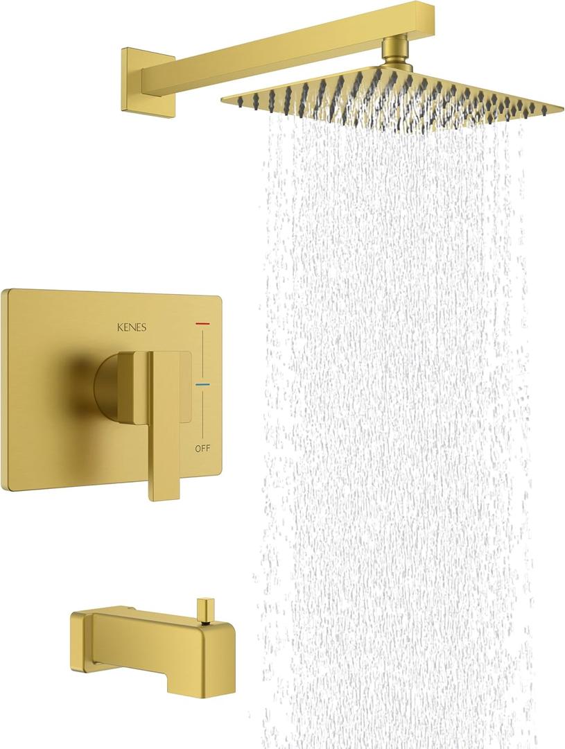 KENES Brushed Gold Tub and Shower Trim Kit, Square Tub Shower Faucet Set Complete with 10-Inch Rainfall Shower Head and Tub Spout, KE-6024A-4 (Shower Valve Included)