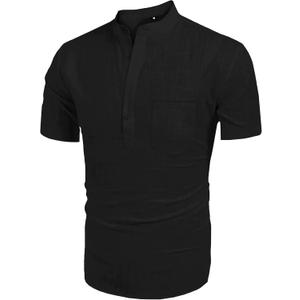 Men's Henley Shirt Summer Causal Shot Sleeve Hippie Beach T Shirt Band Collar Lightweight Yoga Tee Tops (Medium, New Black)