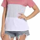 Womens Crew Neck Short Sleeve Tees Color Block Striped T-Shirt Casual Loose Fashion Tee Tops (S)
