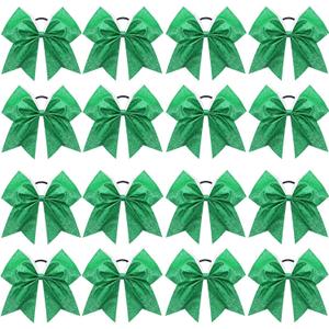 16PCS 8" Large Glitter Cheer Bows for Cheerleaders, CN Sparkly Hair Bows with Elastic Hair Ties Accessories for Teens Girls Women Cheerleading Softball Competition Sports (Green)