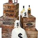 Marsui 13 Pcs Roaring 20s Party Decorations Photo Backdrop Speakeasy Decor Including 5 Wood Grain Boxes 4 Whiskey Bottle Cardboards and 4 Dollar Sacks for Retro Jazz Twenties 1920 Party (Dark Color)