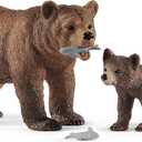 Schleich Wild Life - 4 PC Grizzly Bear Figure Toy Playset - Realistic Mom and Baby Brown Bear Cub Figurine with Fish for Kids and Toddlers - Educational Animal Toys for Boys and Girls Ages 3+ - 42473
