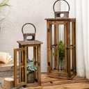 TIMRIS Large Farmhouse Wooden Metal Lantern Set of 2, Rustic Decorative Floor Candle Lanterns, Vintage Distressed Hanging Lanterns for Home Decor (No Glass)