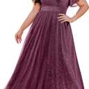 Plus Size Formal Dresses - V Neck Flutter Sleeve Glitter Prom Evening Gowns Wedding Guest Chiffon Long Maxi Dress