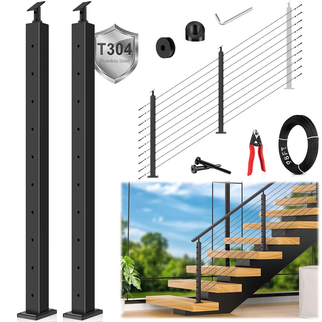 36" Modular 2-8FT Cable Railing Post Kit for Deck Surface Mount | 2 Stair Post Kit for 28-38° Stairway, 1/8" Wire Rope, Swage Cable Railing Kit, T304 Cable Railing System, No Handrail, Black