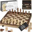 PlayVibe Wooden Chess Set 15'' & Checkers Board Games for All Players with 2 Extra Queens - Handmade Classic Wooden Chess Board, Portable & Folding Playtime Boards, Beginner & Professional Use