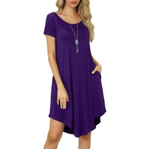 Women Casual Loose Soft Crewneck Short Sleeve Pockets Swing T-Shirt Dress (Small, Round Hem Purple)