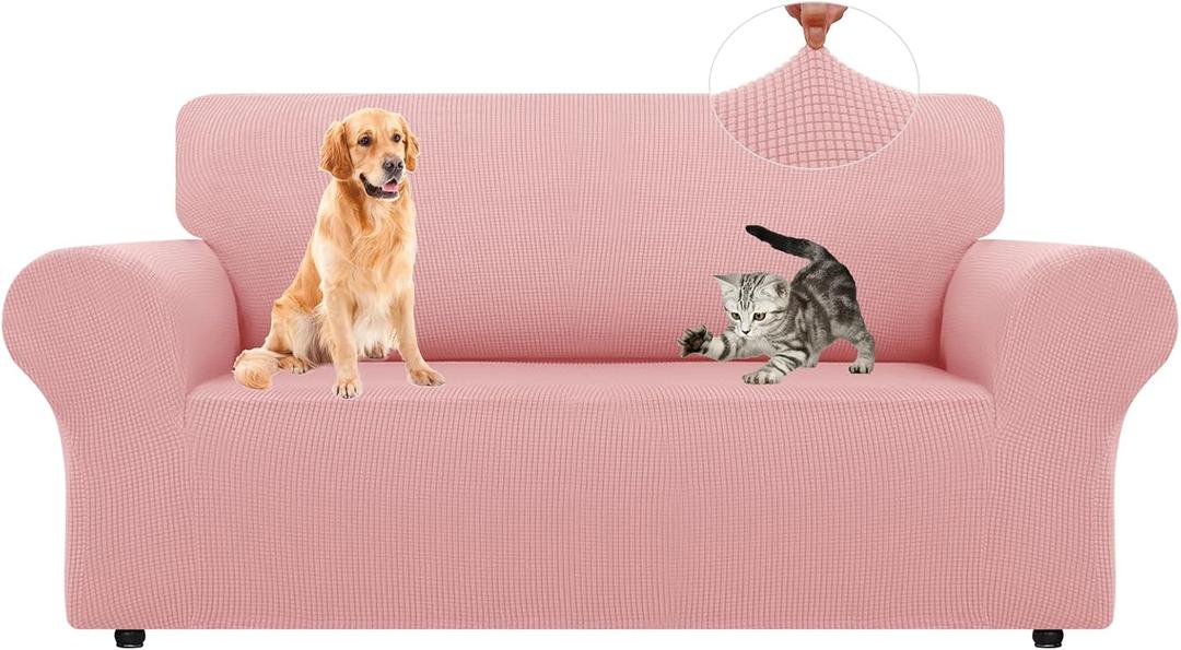 LURKA Stretch Loveseat Sofa Slipcovers 1 Piece Couch Covers for Sofa Furniture Protector Full Sofa Covers with Elastic Bottom for Kids and Dog (Medium, Pink)