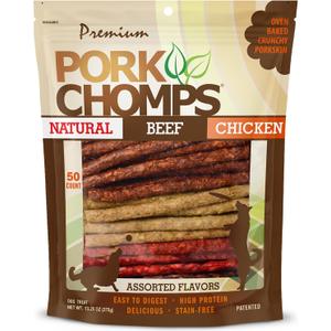 2 x Pork Chomps Dog Chews, 5 Inch Munchy Sticks, 50 Count - Assorted Flavors: Roasted Pork, Chicken, & Bacon - Long-Lasting Treats for Dogs - High Protein, Low Fat, Healthy & Delicious Chews (1 Pack) (EXP 05/29/28)