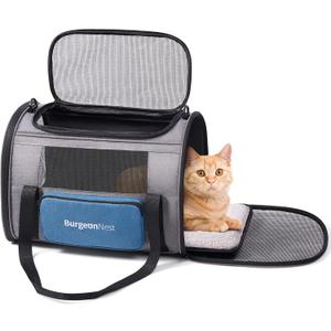 BurgeonNest Cat Carrier for Large Cats 20 lbs,Medium Pet Under 25 lbs,2 Puppy and Small Dogs with Unique Side Bag,Top Load Pet Carrier Soft-Sided Escape Proof with 4 Ventilated Windows (Blue)