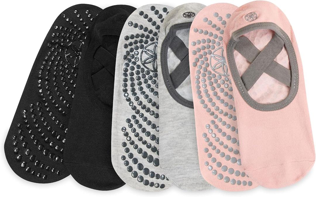 Gaiam Grippy Studio Yoga Socks for Extra Grip in Standard or Hot Yoga (One Size, Black/Grey/Pink)