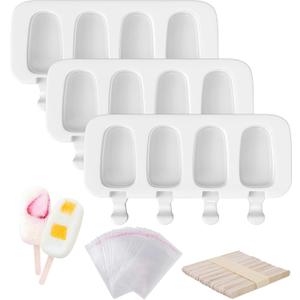 Popsicle Molds Set of 3, 12 Cavities Silicone Popsicle Molds & Ice Cake Pop Mold Maker Oval with 50 Wooden Sticks & 50 Self-adhesive Bags for DIY Cake and Ice Cream (White)
