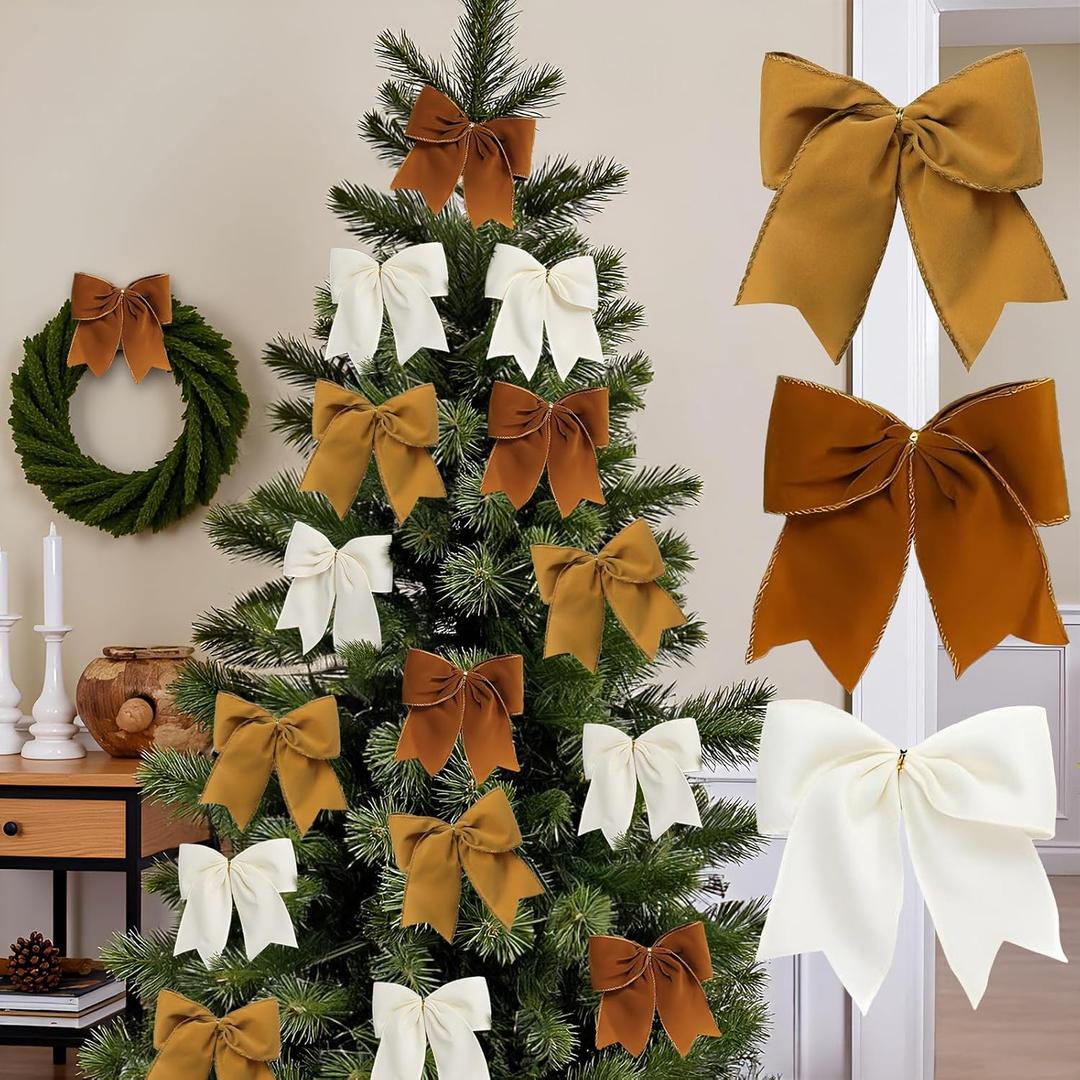 3 x 18Pcs Vintage Velvet Christmas Bows - 6 Inch Rustic Cozy Ribbon Bow Ornaments for Christmas Tree, Wreaths, Garland, Gift Wrapping, DIY Crafts & Xmas Home Decoration (Brown, Khaki, Beige)