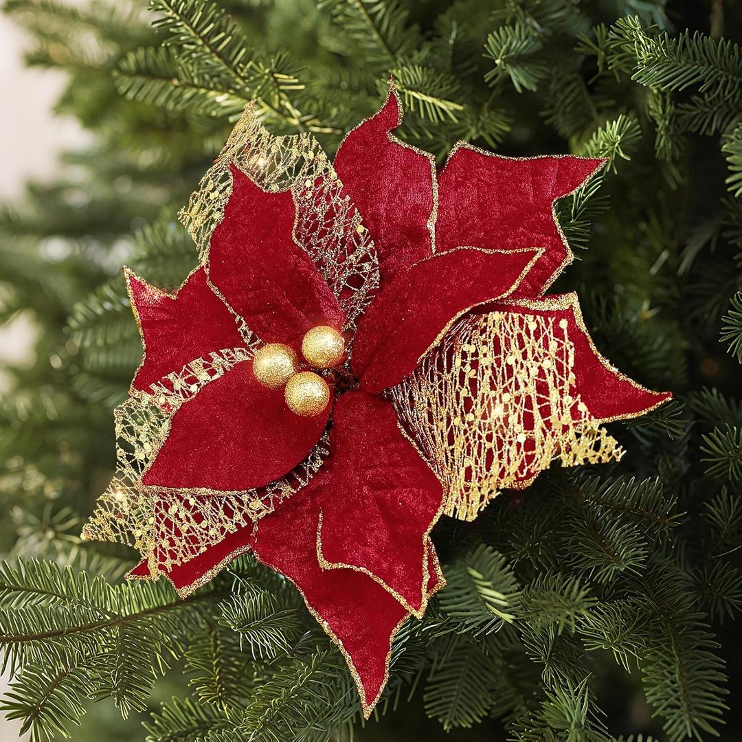 Alupssuc 10 PCS Poinsettia Christmas Flowers Artificial, Large Size 9 Inch Glitter Poinsettia Flowers Artificial, Sparkling Christmas Decorations for Xmas Tree Party Wreath Fireplace, Red Gold