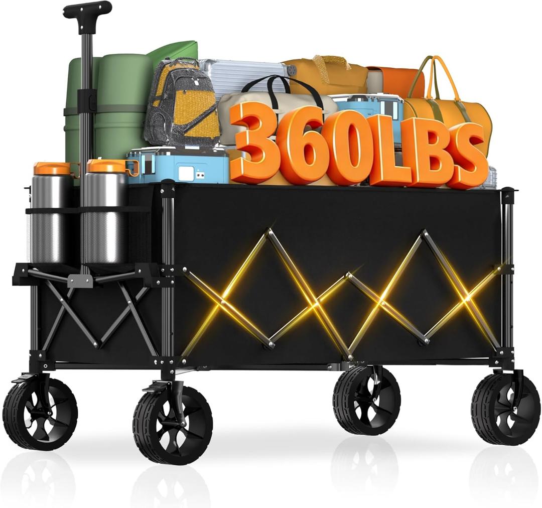 7.8 Cu ft Extra Large Foldable Wagon Cart, 360lbs Capacity, All-Terrain Beach Wagon with Big Wheels for Sand, Compact Fold Easy Storage, 220L Collapsible Utility Cart for Grocery Sports Garden Camping