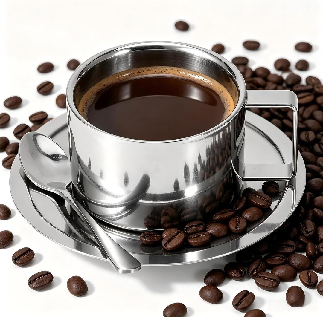 Stainless Steel Coffee Mug Set, Mug And Saucer Set Latte Art Cup
304 Steel Espresso Cups Set For Coffee, Tea, Latte, Cappuccino Stainless Steel Tea Cups Steel Mug