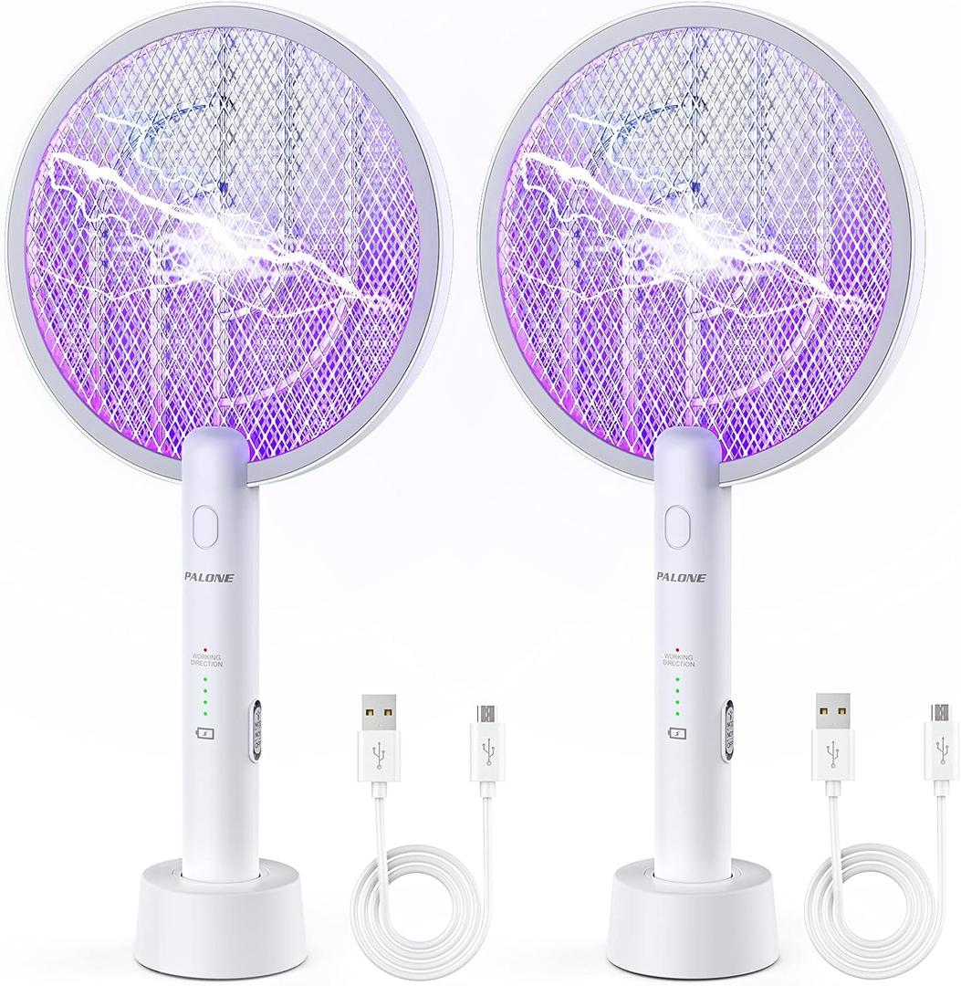 PALONE Electric Fly Swatter 3000V Bug Zapper Racket 2 in 1 Fly Swatter with 1200mAh Battery Rechargeable Mosquito Killer Lamp with 3 Layers Safety Mesh for Indoor and Outdoor (2 Pack)