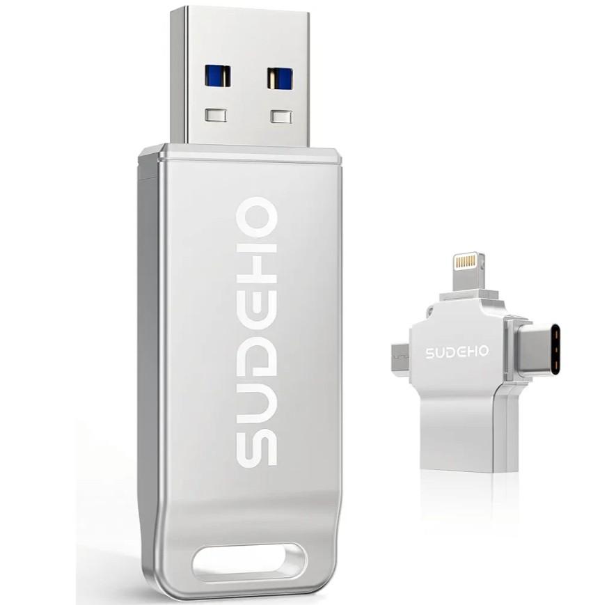 MFi Certified Photo Stick 256GB USB Flash Drive for iPhone, 4 in 1 External Memory Thumb Drive for Picture Video Saver and Backup, High Speed Memory Stick Pen Drive for iPhone/iPad/Android/PC (Silver)