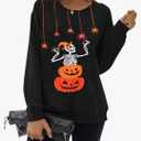 Women Halloween Sweatshirts Pumpkin Face Dancing Skeleton Shirt Long Sleeve Sweater Funny Graphic Pullover Large