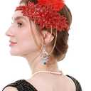 Rulala Fancy Feather Headpiece 1920s Flapper Headband Bling Rhinestone Great Gatsby Headwear Accessories for Women (Red)