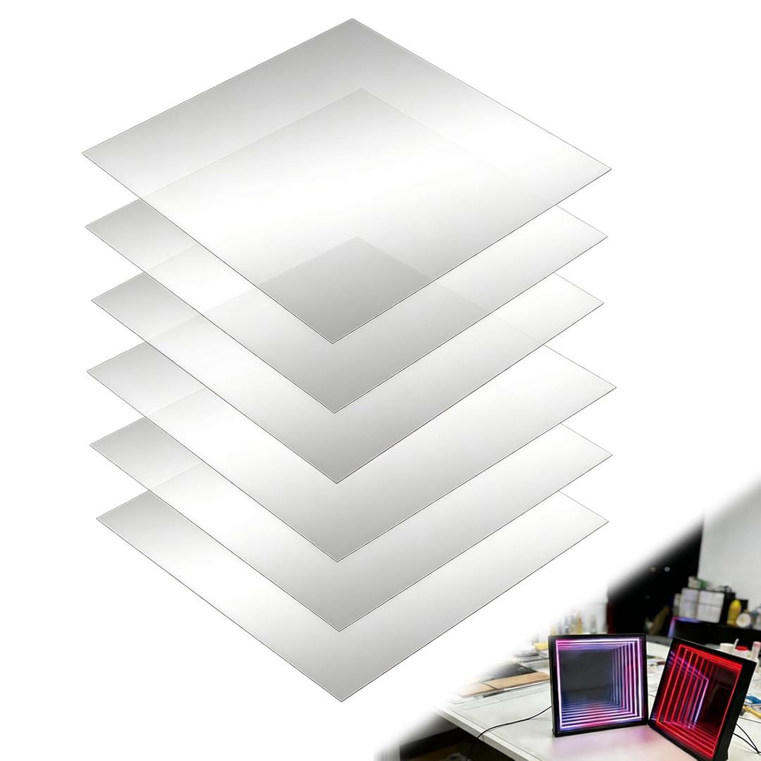 6 Pcs 12 x 12 Inch Acrylic Two Way Mirror Sheets, 15% Transparent See Through Panels for Infinity Mirror Effect, DIY Art and Creative Light Projects