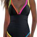 popvil Women's One Piece 2025 Tummy Control Swimsuits Neon Color Block Swimwear Deep V Neck Slimming Bathing Suit (Large, Black)