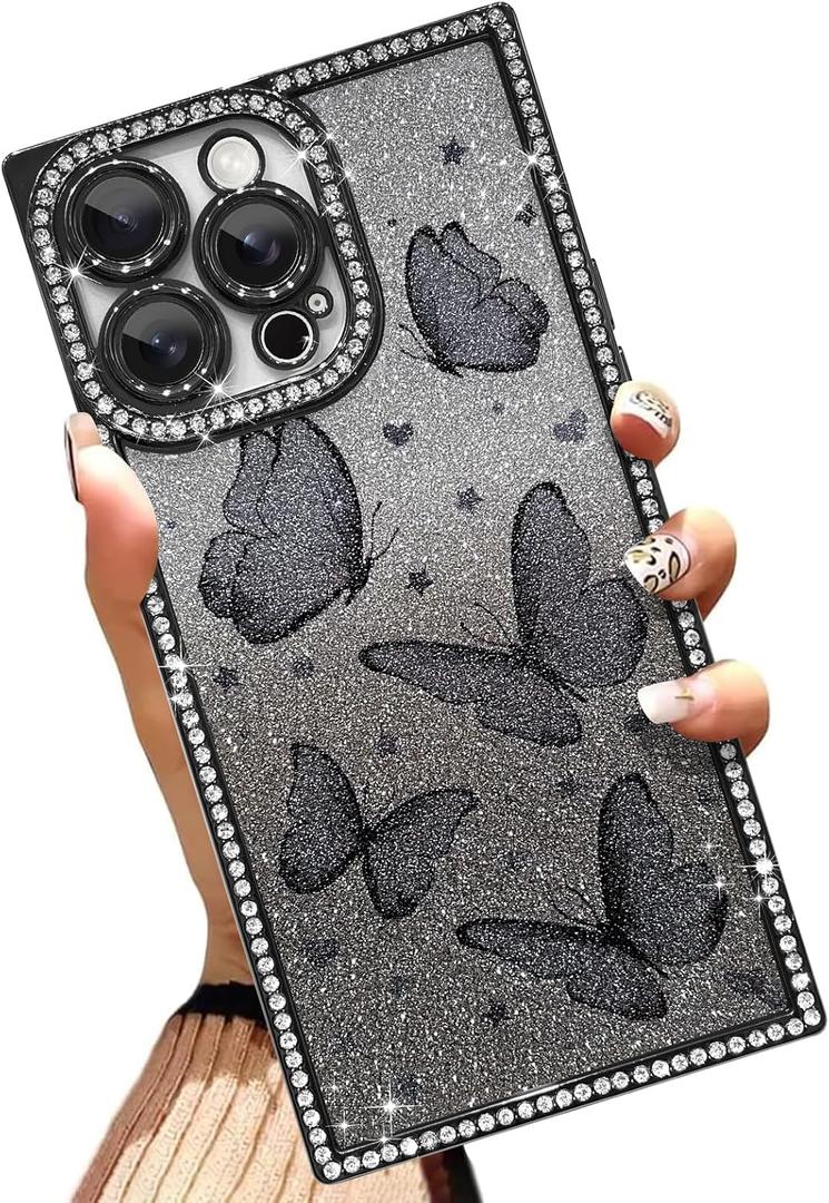 Glitter Case Made for iPhone 16 Pro 6.3 Inch Bling Phone Case with Butterfly Diamond Design Soft TPU Shockproof Anti-Scratch Phone Cover for Women - Black