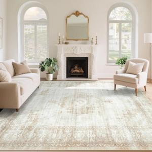 Vintage Living Room Area Rug - 9x12 Large Machine Washable Boho Moroccan Distressed Farmhouse Rugs for Bedroom - Soft Non-Slip Indoor Floor Accent Rugs for Office Dining Room (Beige, 9'x12')