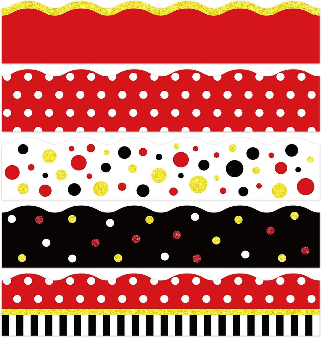 79Ft Cartoon Mouse Bulletin Board Borders Red Yellow Black Dot Bulletin Board Decorations Mouse Color Trim Border Decor Cartoon Mouses Border Stickers for Back to School Classroom Party Wall Decor