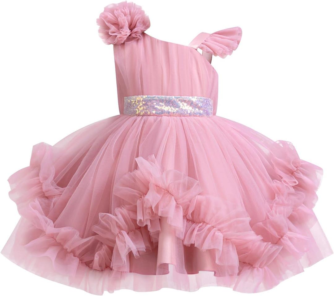 OBEEII Pageant Dress for Toddler Girls Sequin Irregular Ruffle Tulle Tutu Dresses Princess Birthday Wedding Flower Girl Dress, 130 cm (Pink)