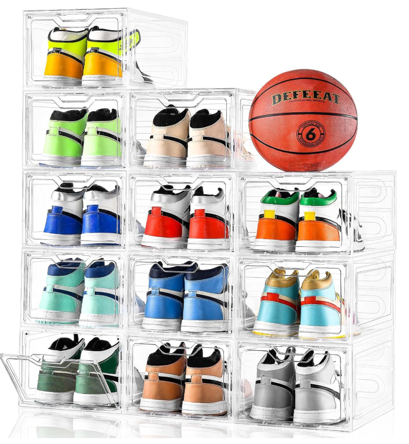 12 Pack Thicken & Sturdy Clear Shoe Storage Organizer with Magnetic Door, Shoe Boxes Clear Plastic Stackable for Closet, Shoe Rack for Sneaker Boot Container, Shoe Cabinet Fit up to US Size 12
