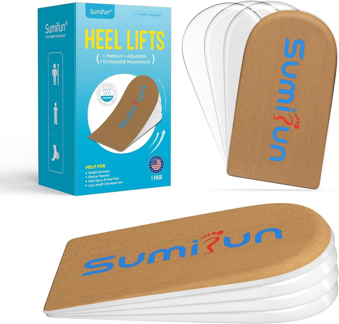 Sumifun Heel Lift, 4-Layer 1 Inch Gel Shoe Lifts for Women Uneven Legs, Adjustable Orthopedic Heel Lifts for Heel Pain and Leg Length Discrepancy, Heel Wedge Inserts 1/4" 1/2" 3/4" (Size L, Brown)