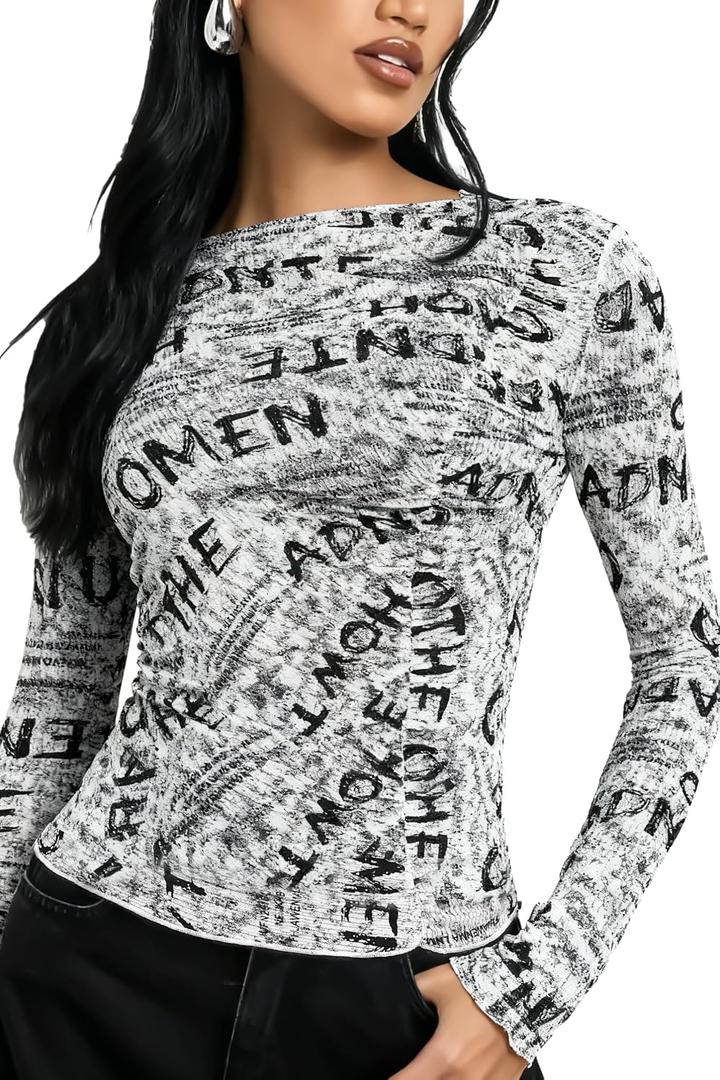 YYA Women's Sheer Long Sleeve Tops Letter Print See Through Mesh Blouse Sexy Y2K Vintage Style T-Shirt for Casual&Party S-XXL (M)