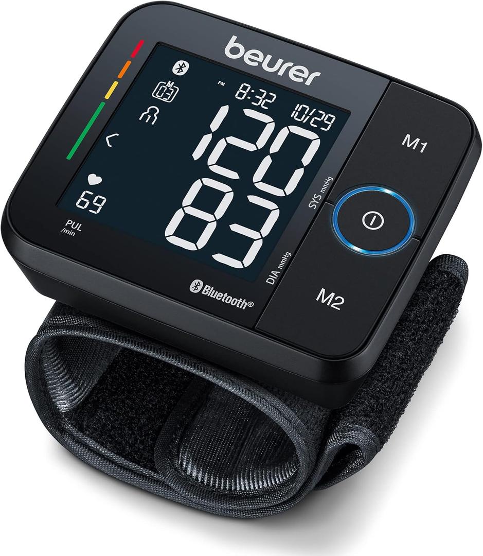Beurer BC54 Wrist Blood Pressure Monitor with Bluetooth, Irregular Heartbeat Detector, Risk Indicator, Accurate Large Display, and Travel Case, Wrist Cuff up to 120 Memory Sets