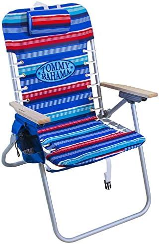 Tommy Bahama Hi-Boy 17" Seat Height 4-Position Lace-Up Suspension Folding Beach Backpack Chair, 1-Pack, Red and Blue Stripe