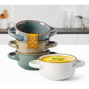 MONITO Ceramic Salad Bowl with Handles, 16 oz French Onion Soup Bowls, Ceramic Soup Bowls for Cereal, Pasta, Chilli, Beef Stew, Stackable Serving Bowl Set of 4 (16 OZ)