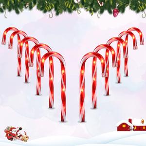 VCOKEN 10'' Christmas Candy Cane Pathway Markers Lights - Set of 10 Christmas Stakes Lights Outdoor Pathway Decorations, Connectable & Light Up Xmas Holiday Party Yard Art Indoor Outdoor Ornament (Red)