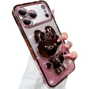 Aulzaju for iPhone 17 Pro Max Case for Women Girls Hidden Rabbit Mirror Kickstand Design,Luxury Plating Soft TPU with Bling Glitter Layer,Cute Girly Phone Case for iPhone 17 Pro Max Pink