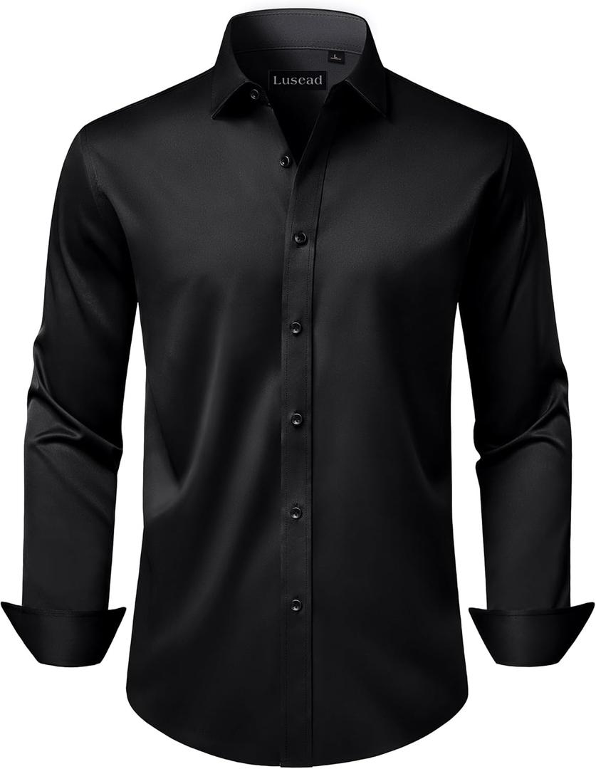 Men's Dress Shirts Long Sleeve Stretch Wrinkle Free Wedding Formal Business Button Down Shirt (Black, L)
