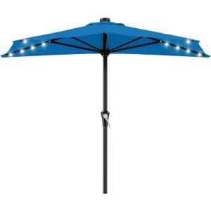 AreShark 9ft Patio Half Umbrellas with Solar Lights, 1/2 LED Half Outdoor Umbrella w/ 20 LED Lights, Lighted Table Wall Umbrella with Crank & 5 Sturdy Ribs for Market, Pool, Deck, Lawn and Garden, Royal Blue