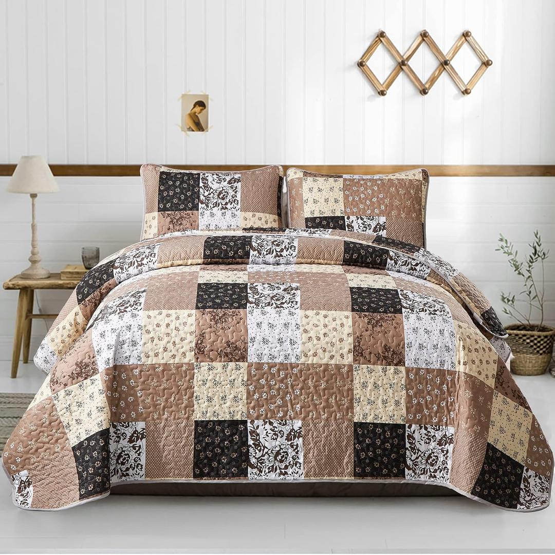 Mybedsoul Brown Patchwork Quilt Set California King Size,3 Pieces Khaki Floral Plaid Reversible Bedspread Coverlet Set for All Season,Summer Soft Microfiber Bedding Set 96"x 106"