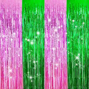MYUPDALIN 2 Pack Pink and Green Foil Fringe Tinsel Backdrop Party Decorations for Witch Theme Birthday Party Decor