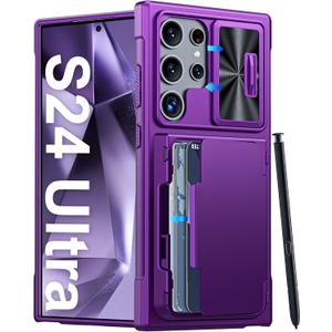 Vizvera for Samsung Galaxy S24 Ultra Case Wallet, RFID Cards Holder & Camera Cover & Kickstand for Women Men, Full Body Rugged Shockproof Silicone Case for S24 Ultra 6.8" 2024 Only-Purple