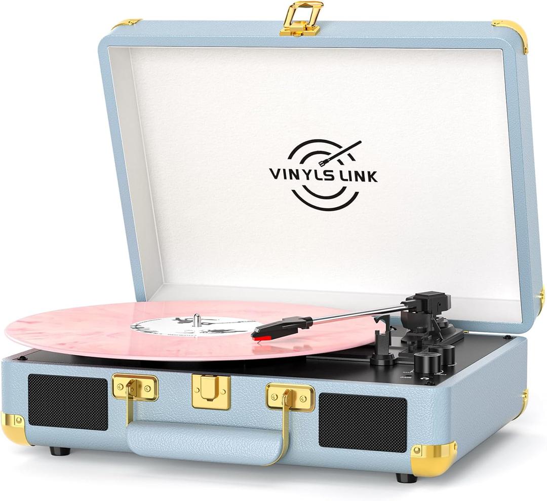 Vinyl Record Player 3-Speed Bass Control Bluetooth Suitcase Portable Belt-Driven Record Player with Built-in Speakers Vintage Turntable RCA Out Headphone Jack Blue