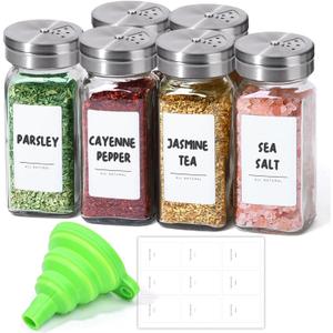 ComSaf Spice Jars with Shaker lids Adjustable, 4oz 6PCS, 9 DIY Labels, Spice Jars Trial Set & Supplement Set, Empty Ingredient Containers and Square Ingredient Bottles for Kitchen and Seasoning