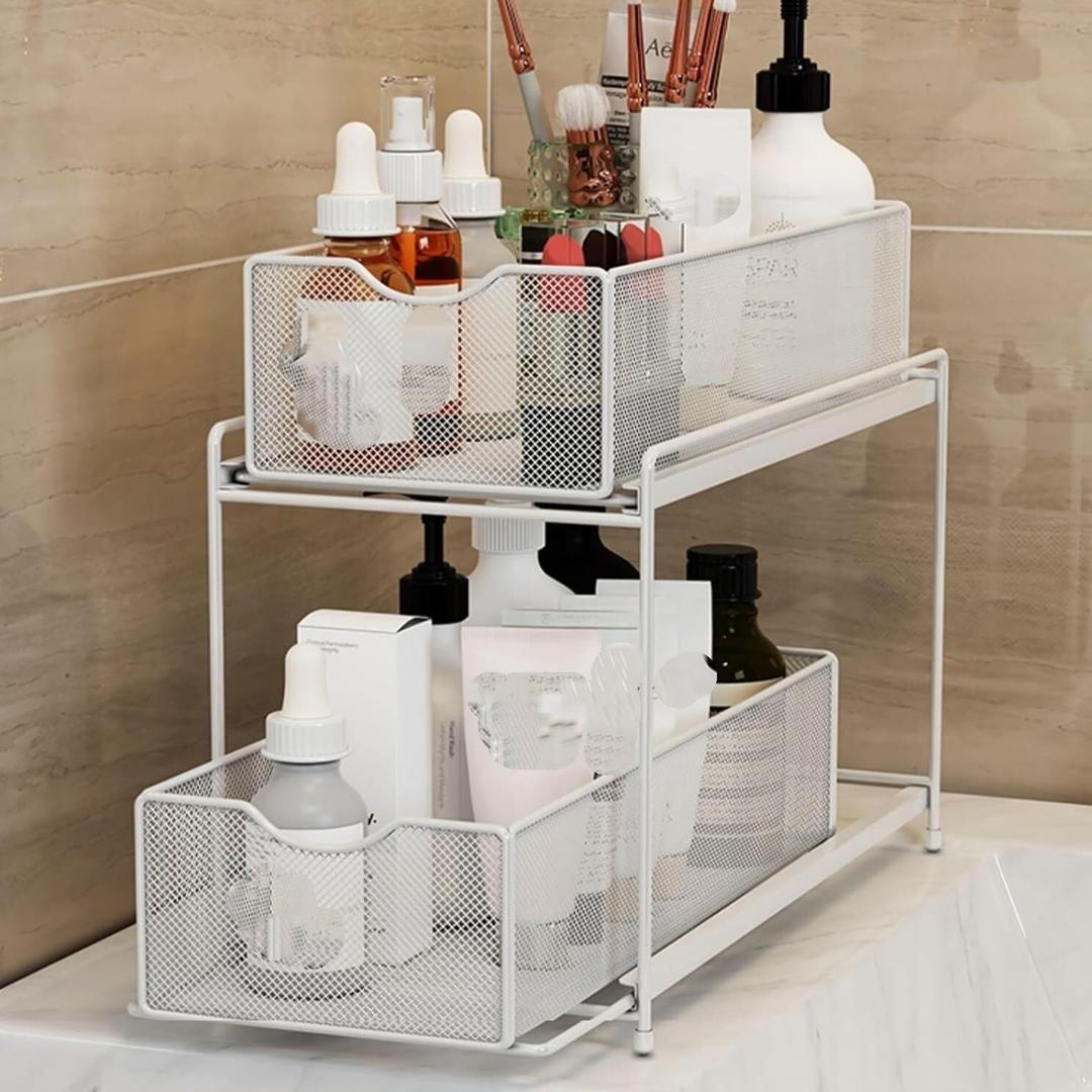 Under Sink Storage Kitchen Organizer, 2-Tier Under Sink Cabinet Organizer Pull Out Cabinet Organizer Stackable Under Sink Rack For Pantry, Size:25x37.5x31cm (White)